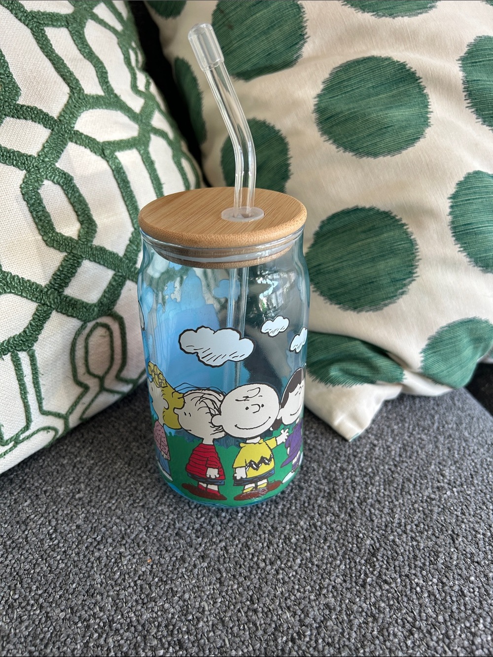 Peanuts Cartoon Glass Jar with Bamboo Lid & Glass Straw - Multi